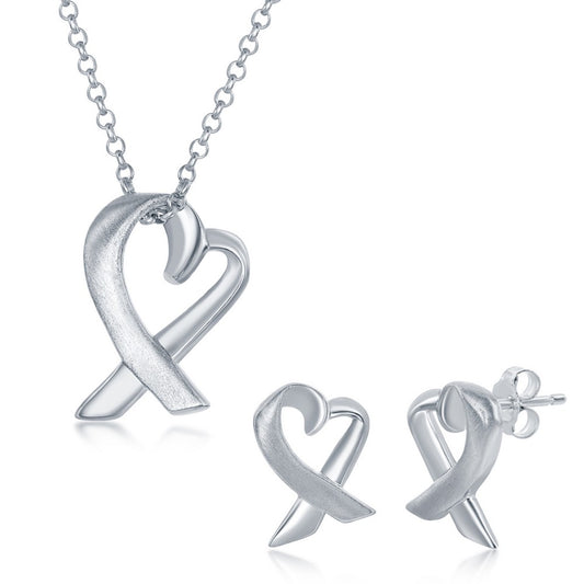 Sterling Silver Heart Awarness Earring & Pendent Set With Chain
