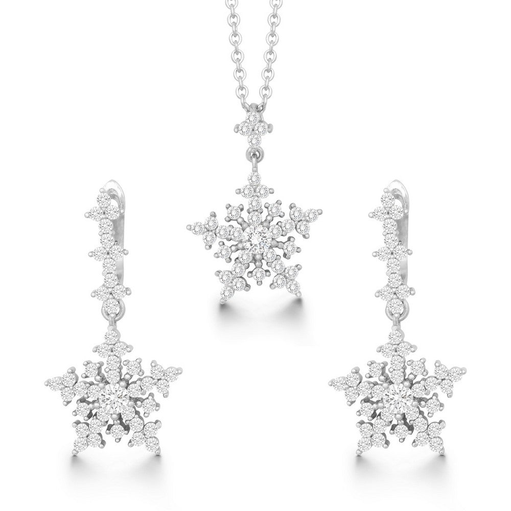 Sterling Silver CZ Snowflake Necklace and Earrings Set With chain