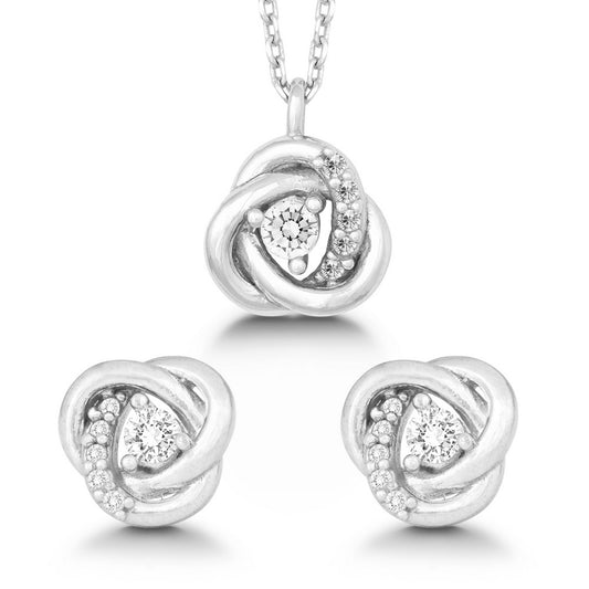 Sterling Silver 16+2 Inch CZ Knot Necklace and Earrings Set