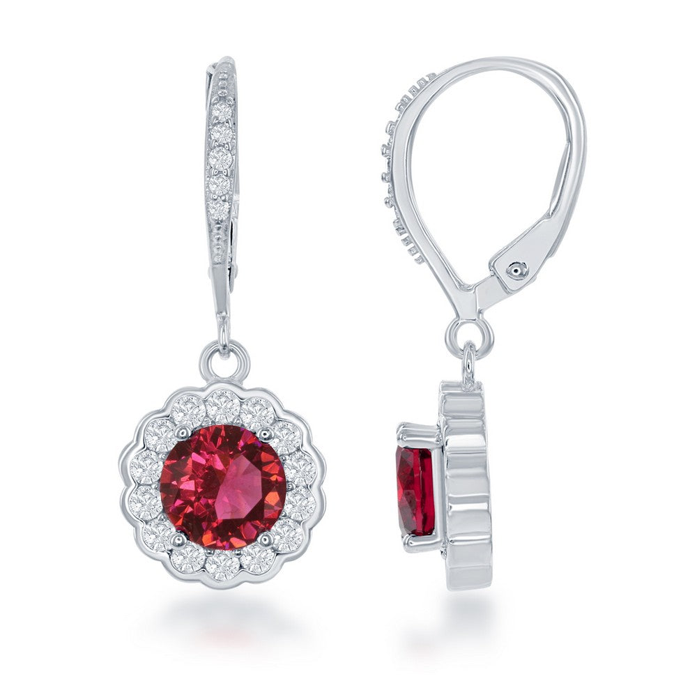 Sterling Silver July Birthstone With  CZ Border Round Earrings and Necklace Set