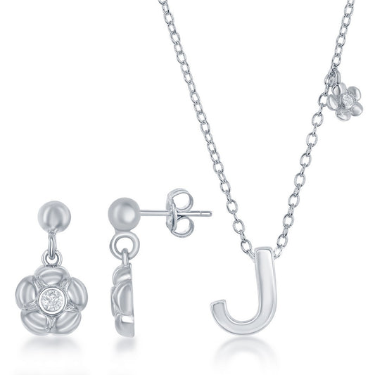 Sterling Silver Shiny J with Tiny CZ Flower Necklace and Earrings Set