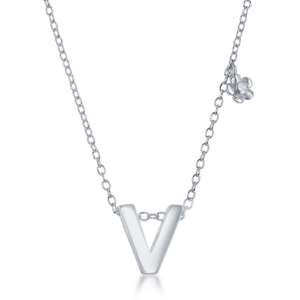 Sterling Silver Shiny V with Tiny CZ Flower Necklace and Earrings Set