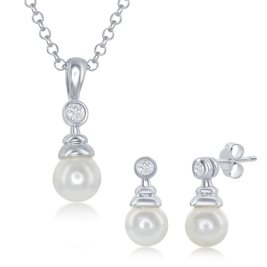 Hanging Pearl Pendant & Earrings CZ Set With Chain