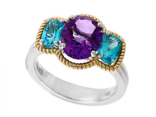 EFFY 925 18K YELLOW GOLD/SILVER AMETHYST and BLUE TOPAZ RING
