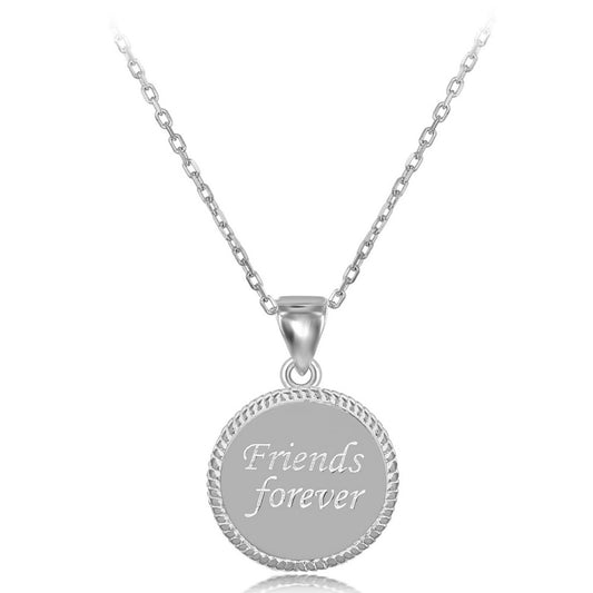 Sterling Silver Rope Border Disc Friends Forever Pendant  With Chain