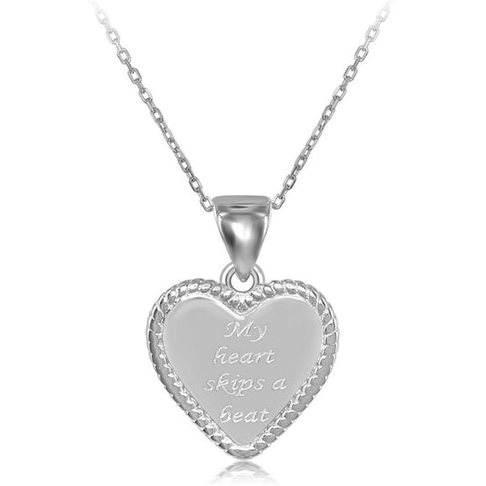 Sterling Silver Rope Border Heart My Heart Skips a Beat Pendant  With Chain