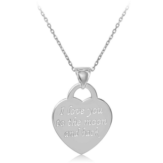 Sterling Silver Flat Heart I Love You To The Moon And Back Pendant  With Chain