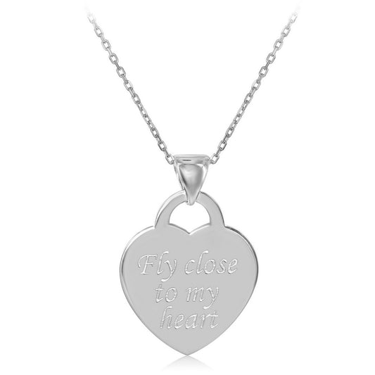 Sterling Silver Flat Heart Fly Close To My Heart Pendant  With Chain