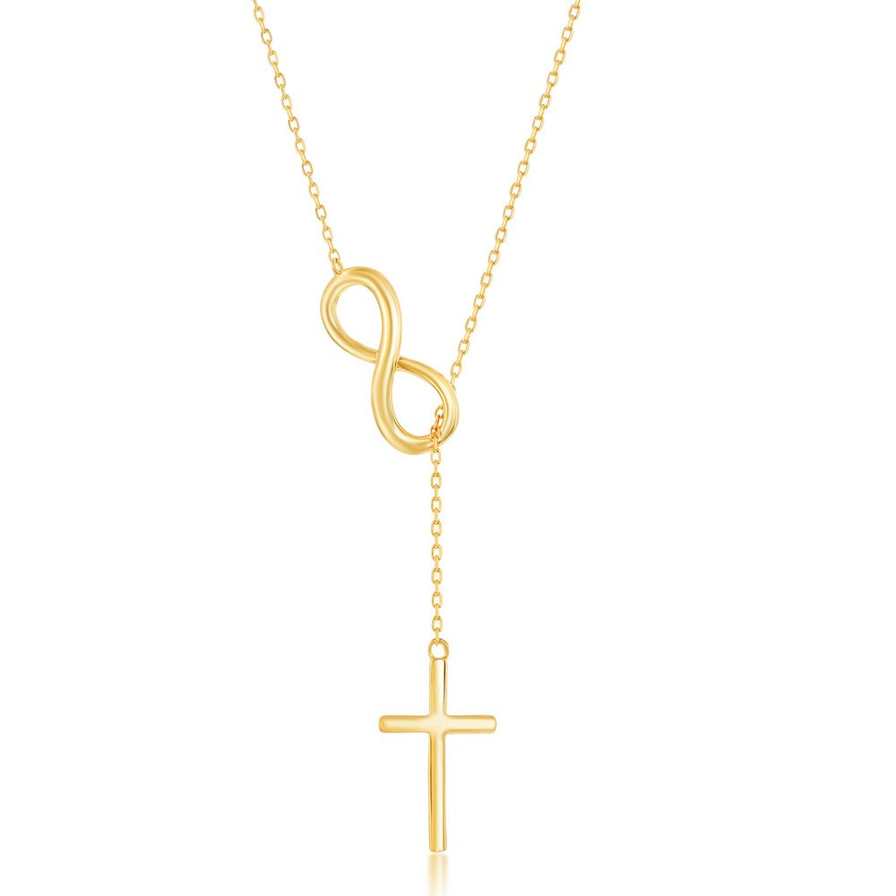 Sterling Silver Center Infinity with Hanging Chain and Cross Necklace - Gold Plated