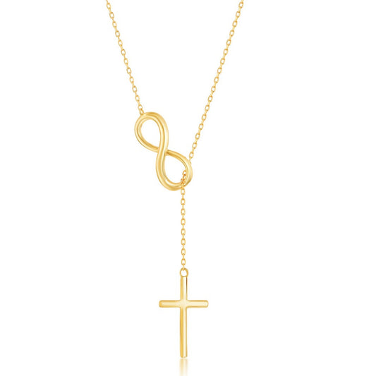 Sterling Silver Center Infinity with Hanging Chain and Cross Necklace - Gold Plated