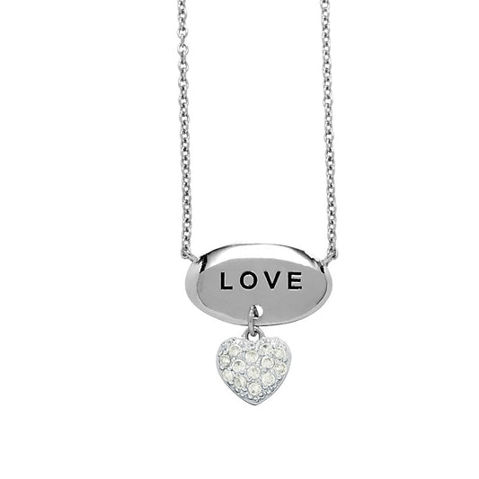 (SPECIAL ORD) Sterling Silver Center Love Oval With  Hanging CZ Heart Necklace