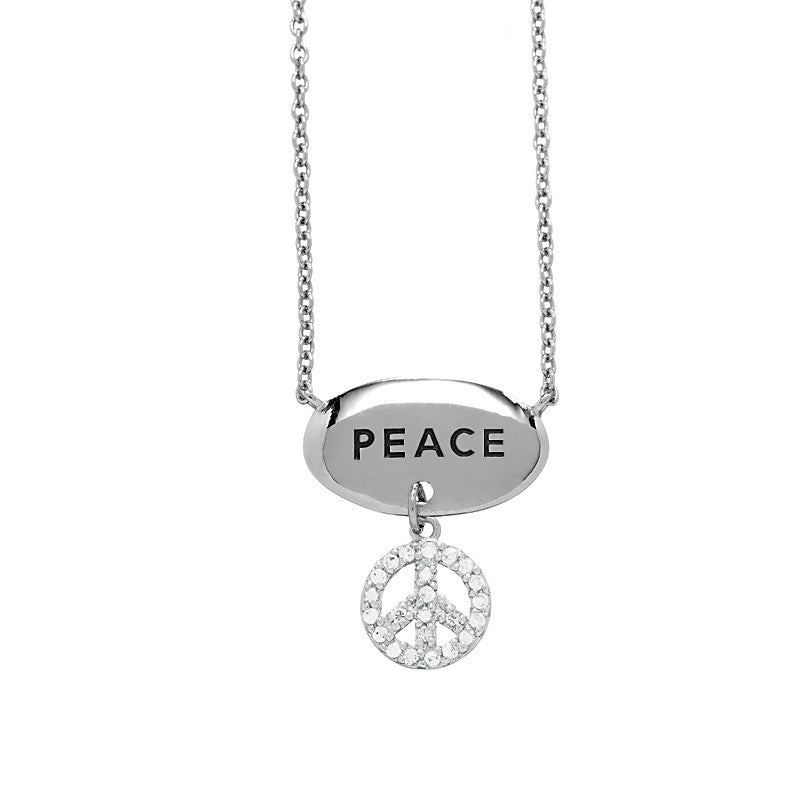 (SPECIAL ORD) Sterling Silver  Center Peace Oval With  Hanging CZ Peace Symbol Necklace