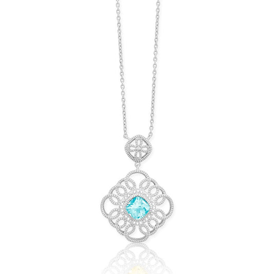 (SPECIAL ORD) Sterling Silver Diamonds with Center Blue Topaz Double Square Necklace