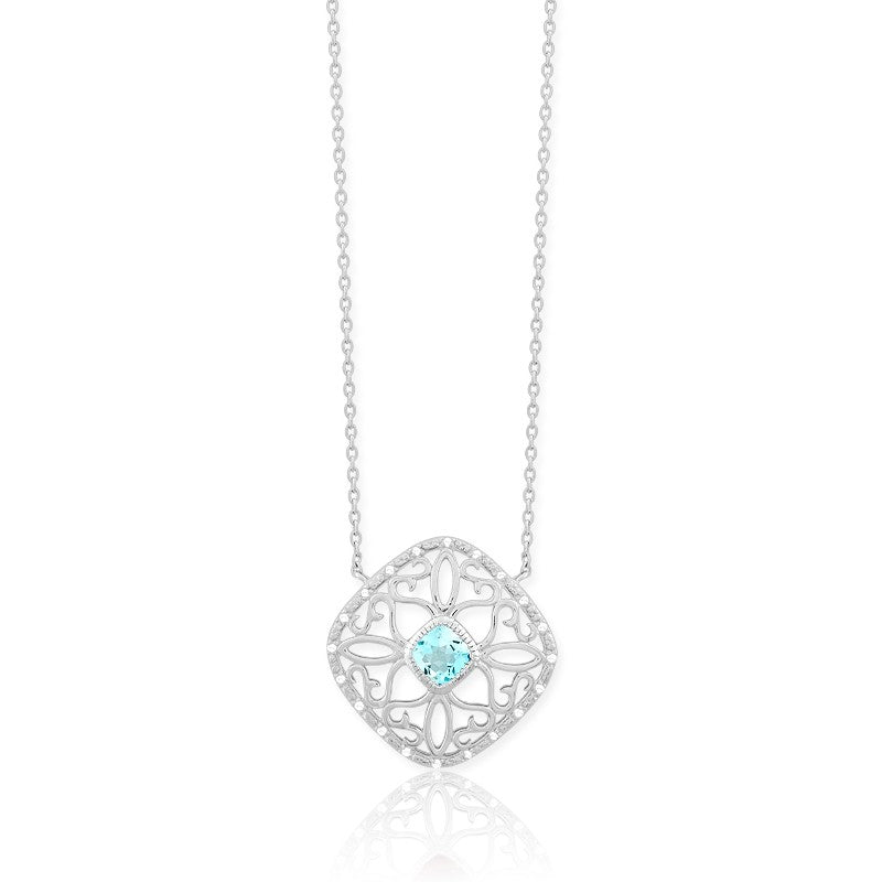 (SPECIAL ORD) Sterling Silver  Diamonds with Center Blue Topaz Square Necklace