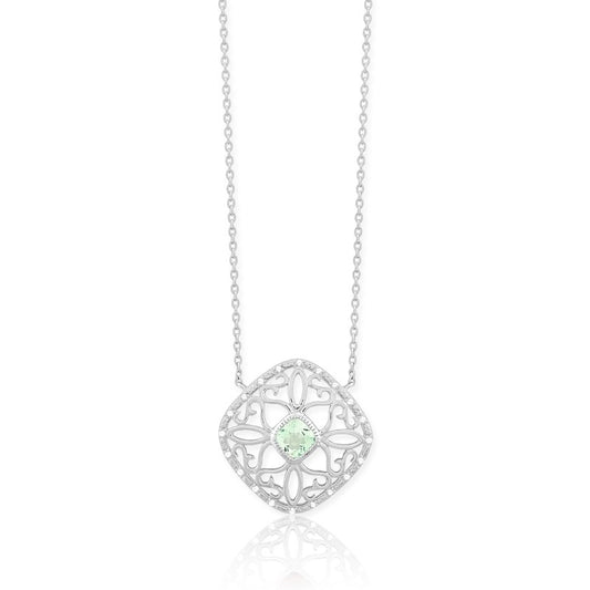 (SPECIAL ORD) Sterling Silver open, silveOpen Square Diamond & Center Green Quartz Gemstone Necklace