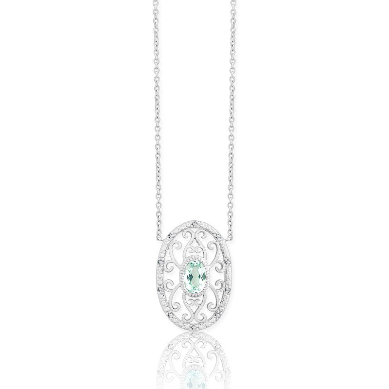 (SPECIAL ORD) Sterling Silver  Diamonds with Center Green Quartz Oval Necklace