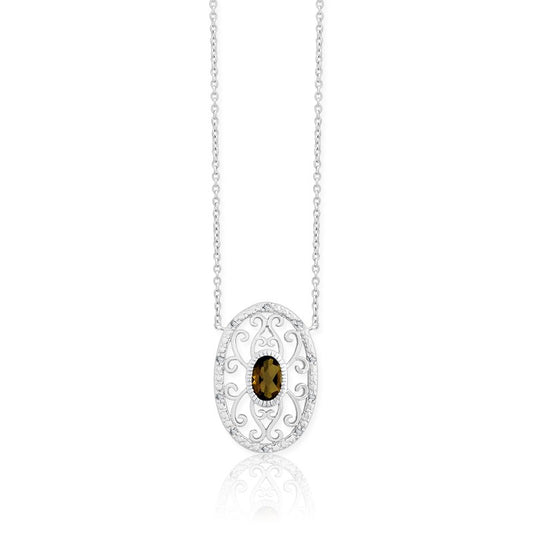 (SPECIAL ORD) Sterling Silver  Diamonds with Center Smoky Quartz Oval Necklace