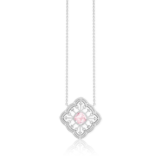 (SPECIAL ORD) Sterling Silver Diamonds with Center Rose Quartz Square Necklace