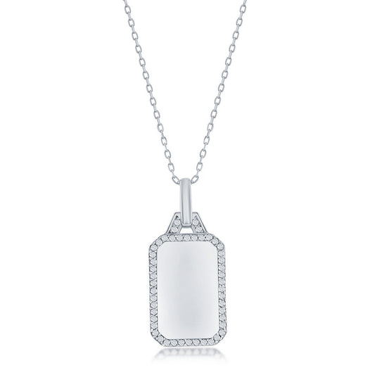 Sterling Silver Rectangle Dog Tag w/ CZ Border Necklace