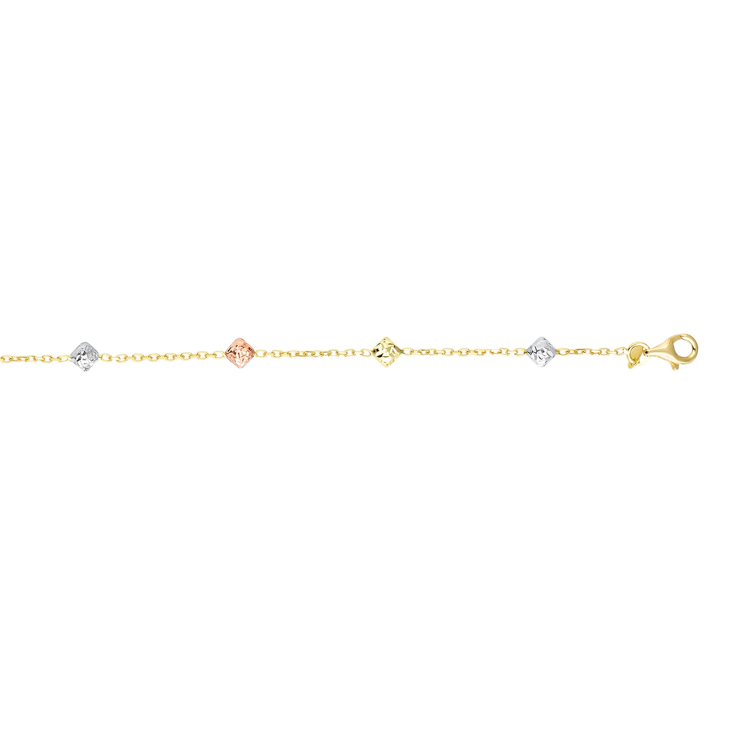 14K Tri-color Gold Diamond Cut Square Bead Station Necklace