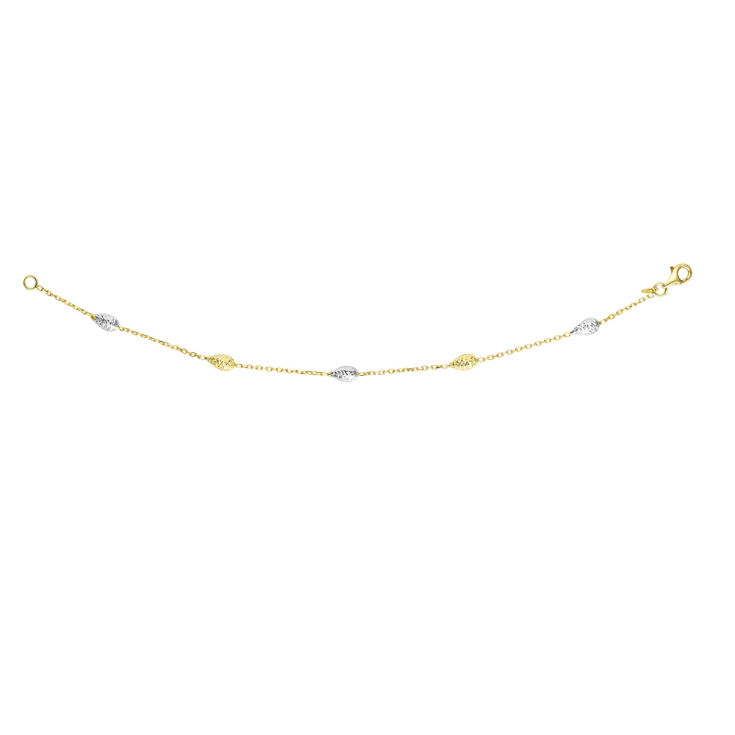 14K Two-tone Gold Diamond Cut Bead Pear Shape Station Necklace