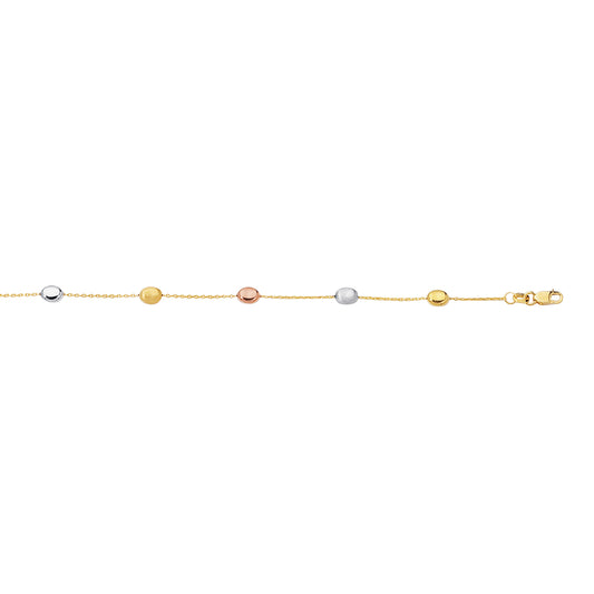 14K Tri-color Gold Polished & Satin Alternating Pebble Anklet