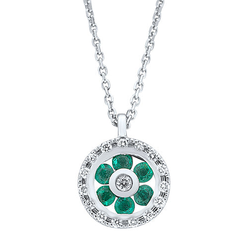 Emerald and Diamond Round Pendant With Chain