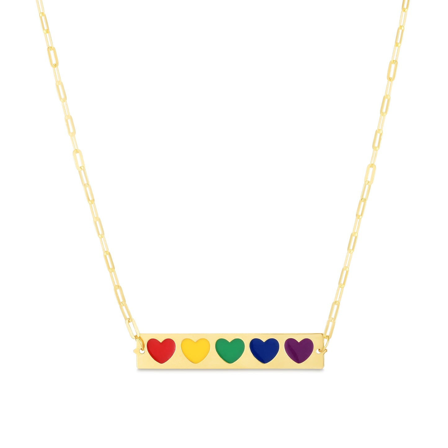 14K Rainbow Enamel Hearts Bar Necklace