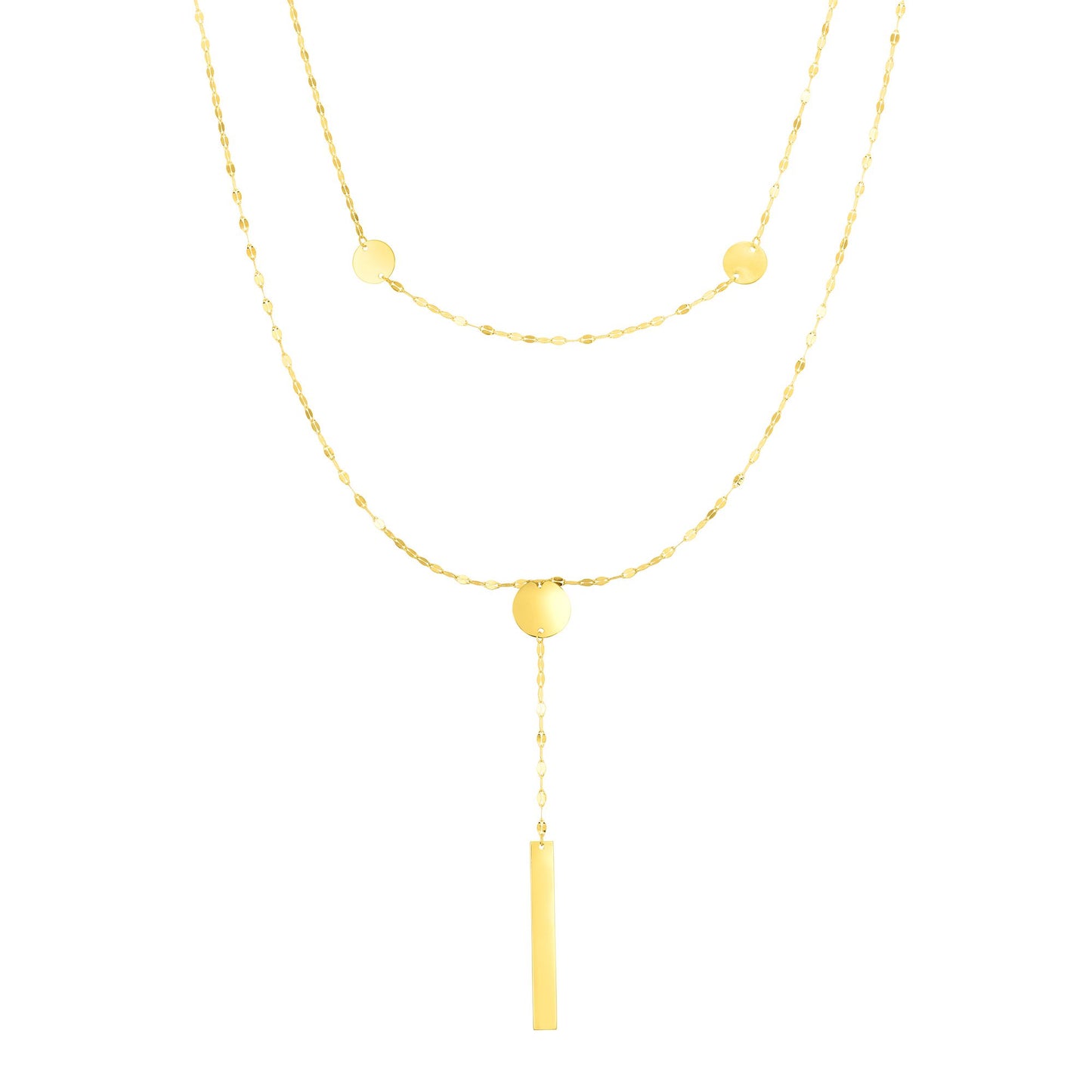 14K Gold Polished Discs and Mirror Chain Multi-Strand Necklace