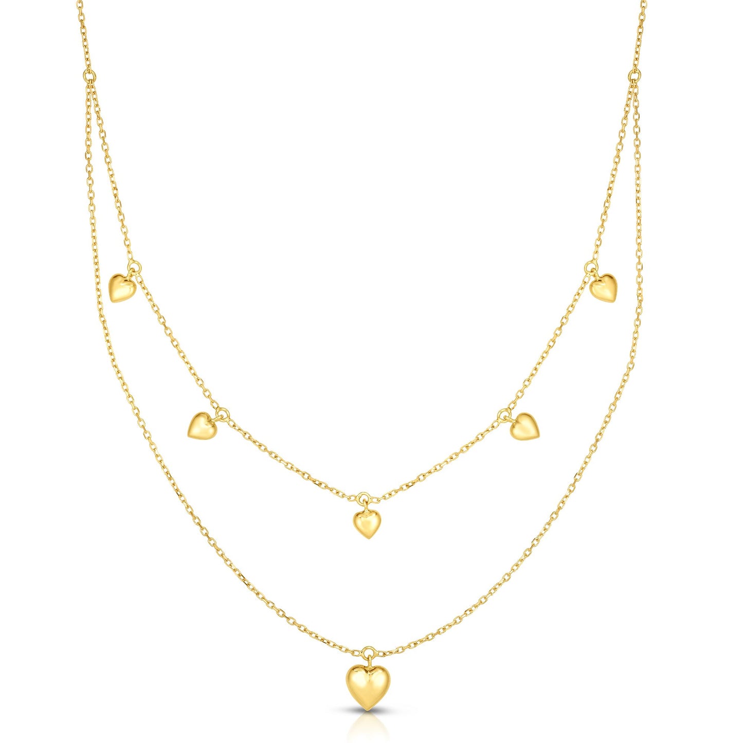 14K Gold Polished Puffed Heart Multi-Strand Necklace