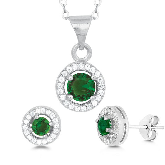 Sterling Silver Round Pendant and Earrings Set With Chain - Green CZ