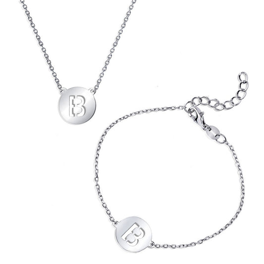 Sterling Silver Cut-Out Shiny B Disc Initial Bracelet & Necklace Set