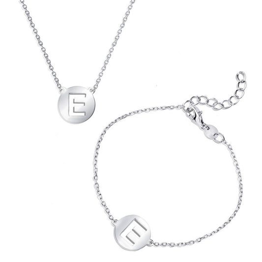 Sterling Silver Cut-Out Shiny E Disc Initial Bracelet & Necklace Set