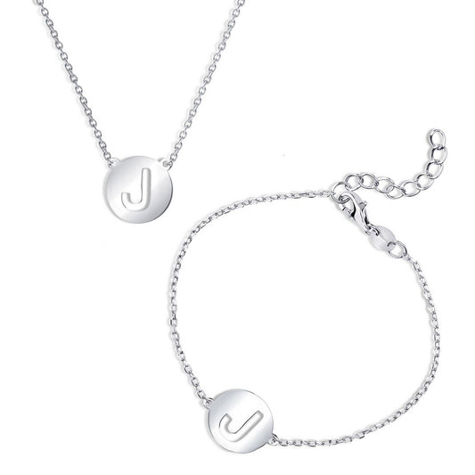 Sterling Silver Cut-Out Shiny J Disc Initial Bracelet & Necklace Set