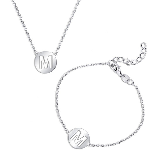 Sterling Silver Cut-Out Shiny M Disc Initial Bracelet & Necklace Set