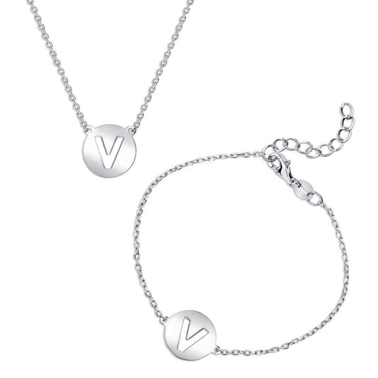 Sterling Silver Cut-Out Shiny V Disc Initial Bracelet & Necklace Set