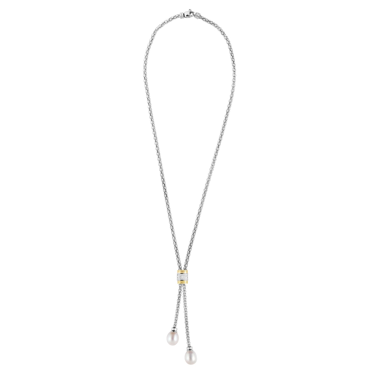 Sterling Silver & 18K Gold .13Ct Diamond & Pearl Lariat Necklace