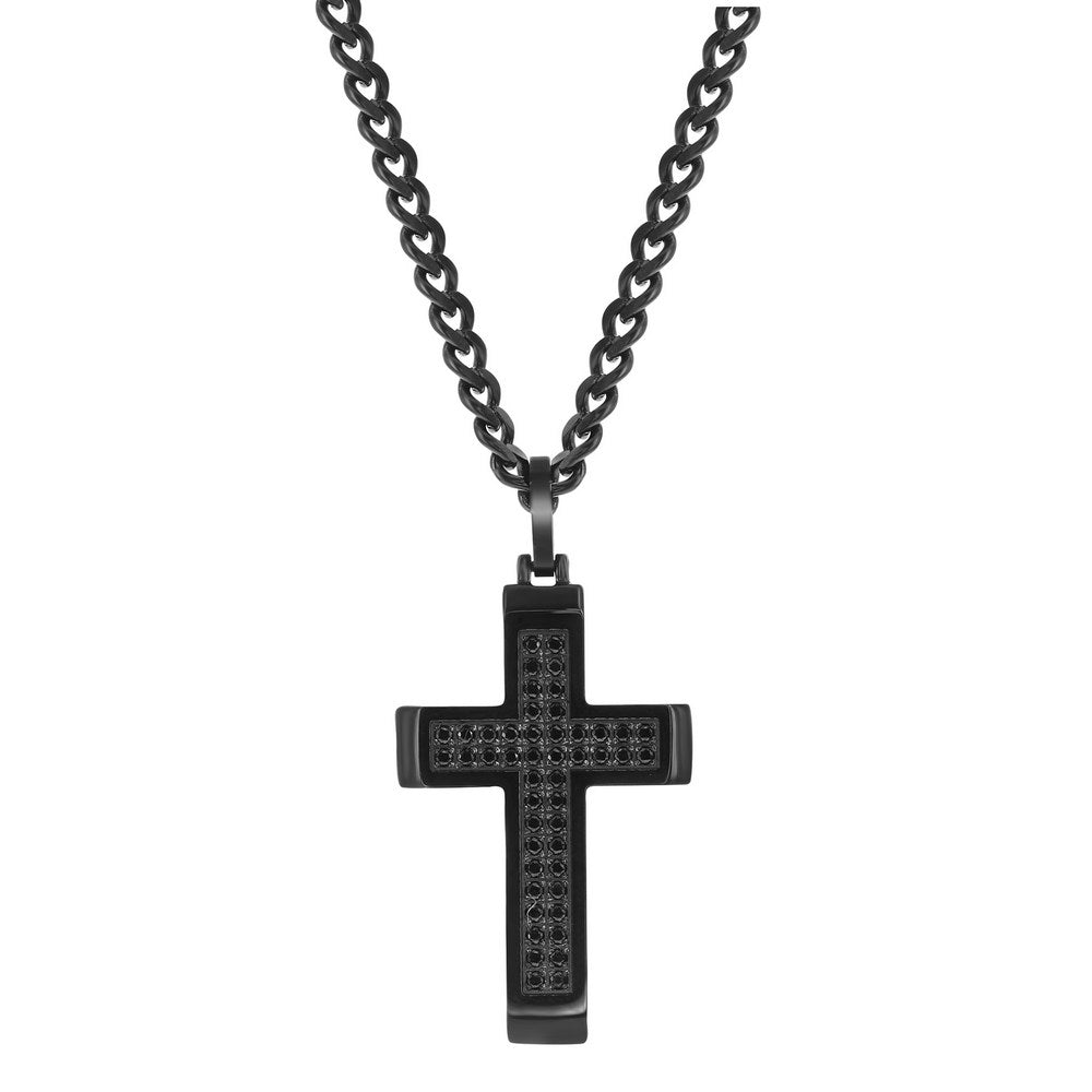 Stainless Steel Black CZ Encrusted Cross Necklace