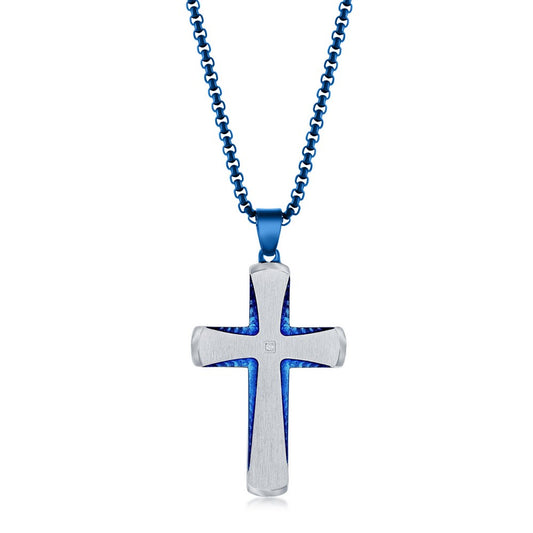 Stainless Steel Blue & Silver Plated Single CZ Cross Necklace