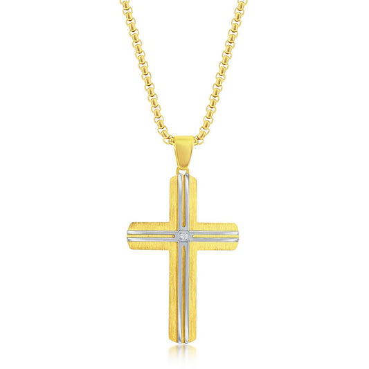 Stainless Steel Gold & Silver Lined Single CZ Cross Necklace