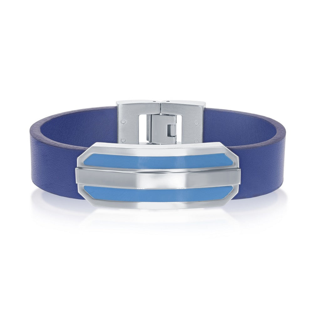 Stainless Steel 8 Inch Blue Leather Strap with Lined Bar Center Bracelet