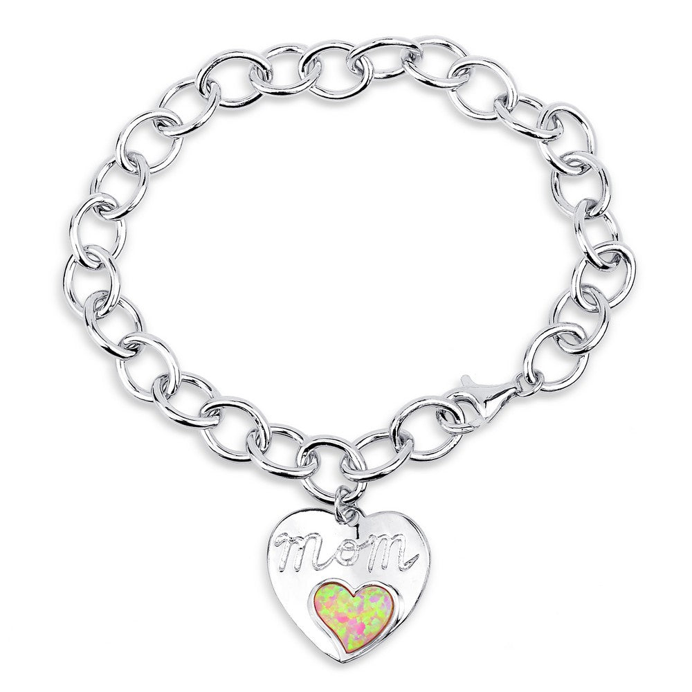 (SPECIAL ORD) Sterling Silver 7.5 Inch Linked Bracelet With  Hanging Shiny & Opal Heart