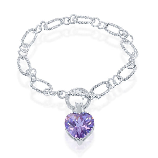 (SPECIAL ORD) Sterling Silver Designed 7.5 Inch Oval Rolo Chain Bracelet With Hanging Lavender CZ Heart