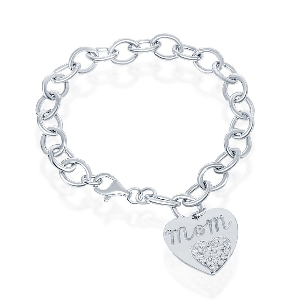(SPECIAL ORD) Sterling Silver 7.25 Rolo Chain With  Hanging Shiny Heart & Mini CZ Heart MOM Bracelet