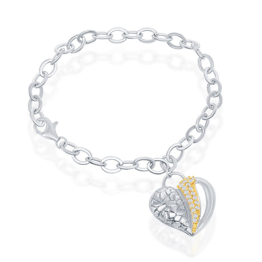 Sterling Silver Oval Rolo Chain With  Hanging TT Heart CZ Bracelet