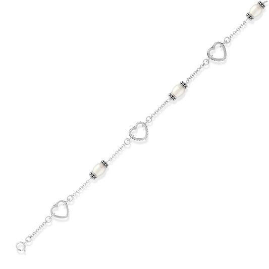 Sterling Silver 7.5 Inch Rolo Chain With  Alternating Hearts & FWP's Bracelet