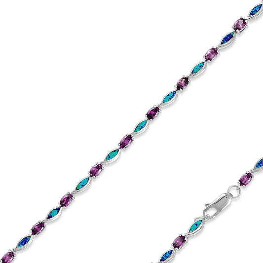 Sterling Silver Alternating Oval Amethyst CZ's and Blue Inlay Opal Marquise Shapes Bracelet