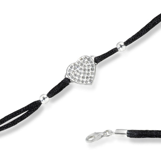 Sterling Silver Double Strand Black Cord With  Black and White Crystal Heart Bracelet