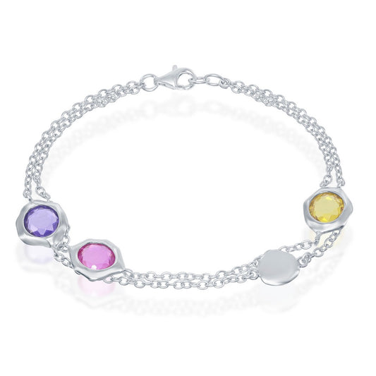 (SPECIAL ORD) Sterling Silver 7 Inch Pink, Purple and Yellow CZ Double-Strand Bracelet