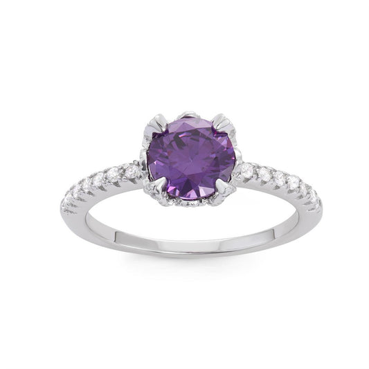 Sterling Silver CZ Band with Center Round Amethyst CZ Engagement Ring